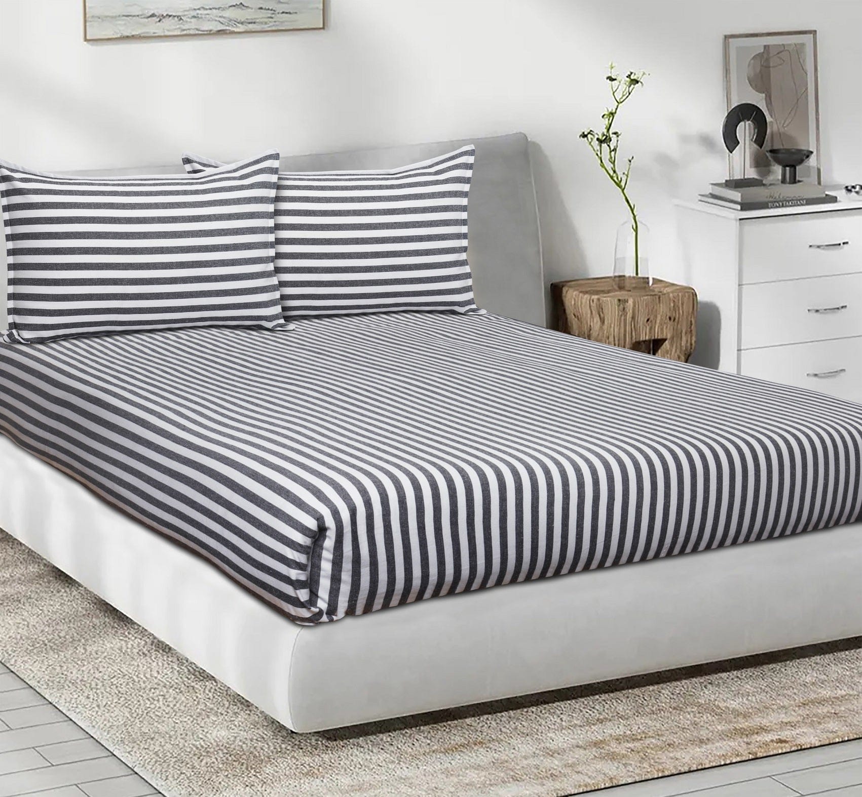 Cotton Striped Bedsheet with Pillow Covers (Black)