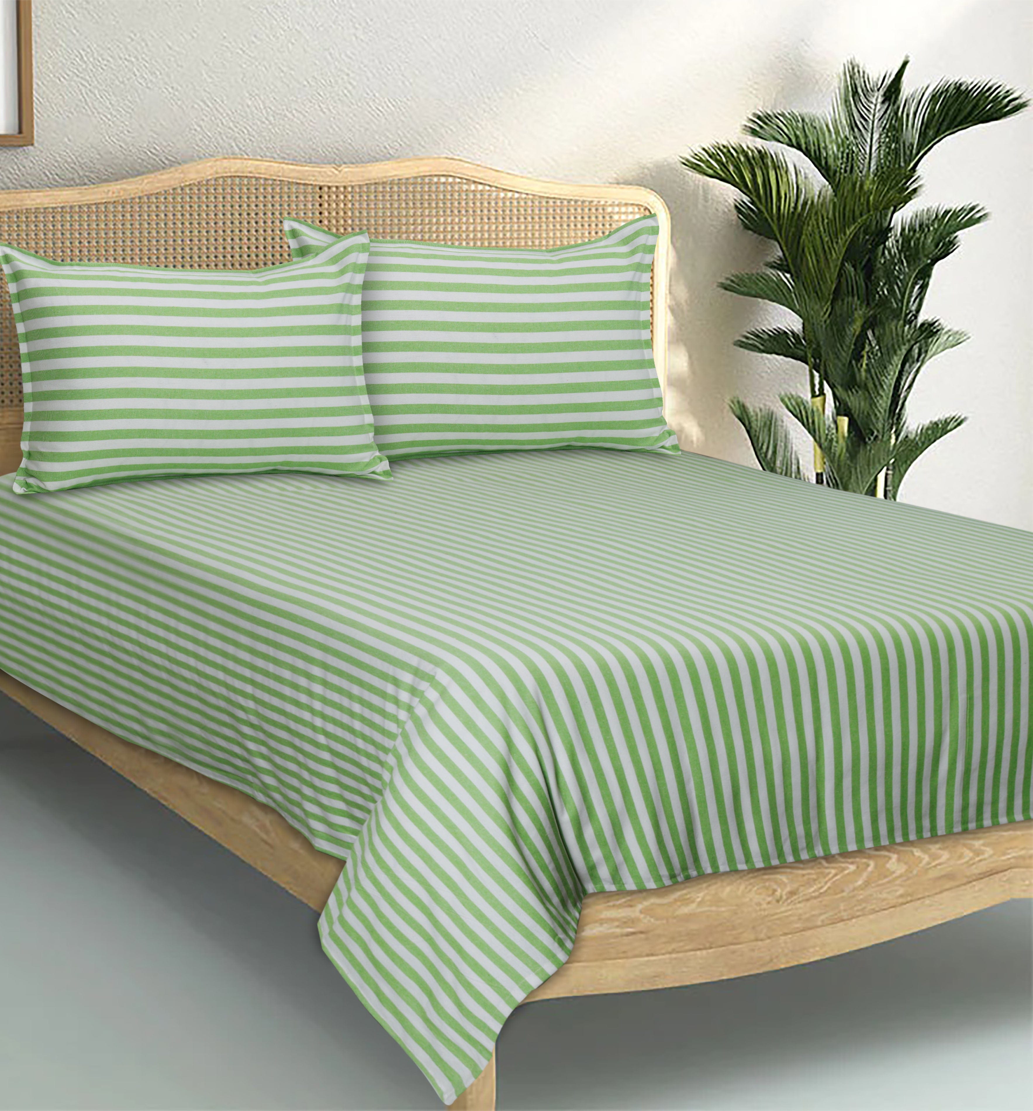 Cotton Striped Bedsheet with Pillow Covers (Green)