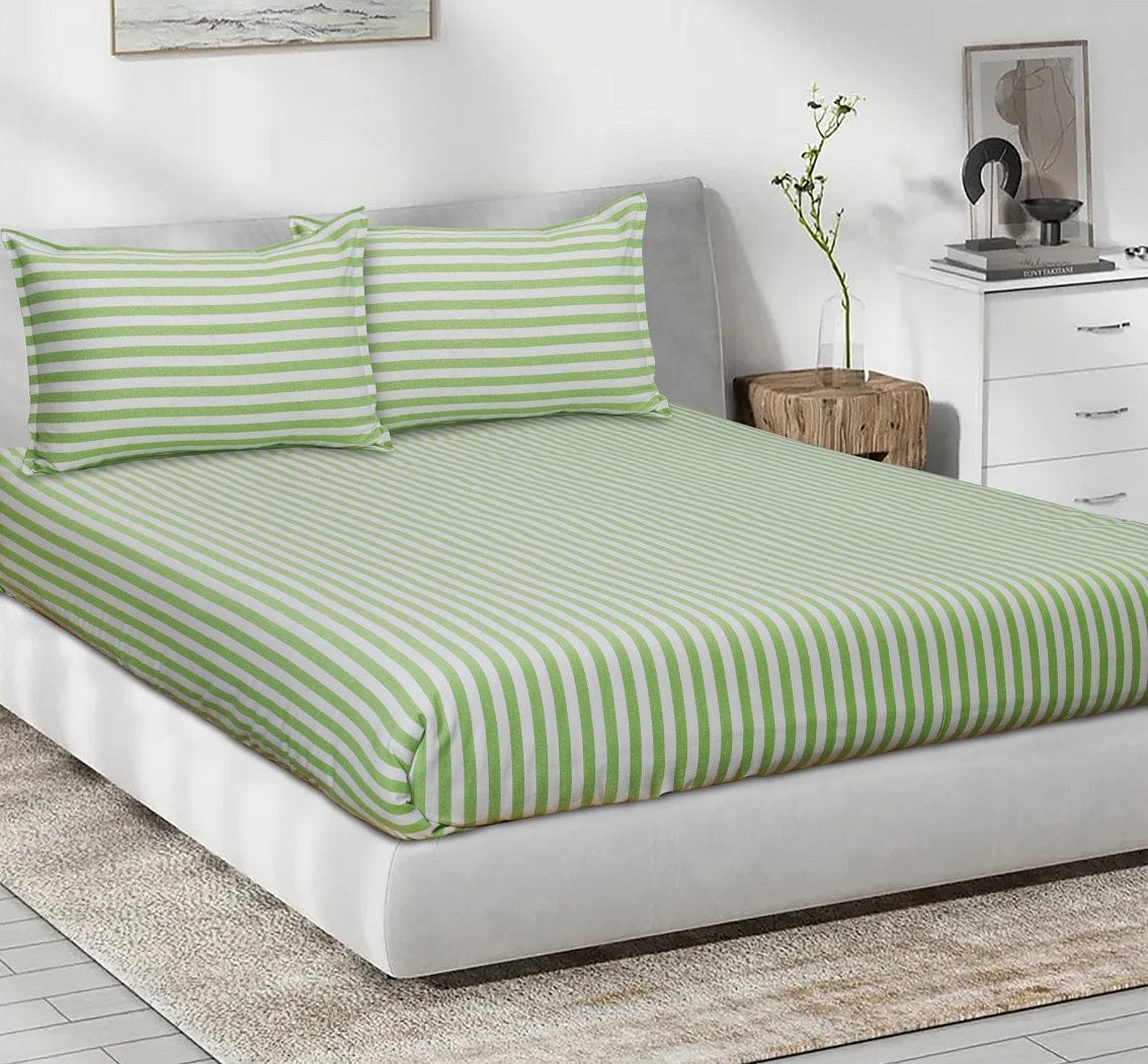 Cotton Striped Bedsheet with Pillow Covers (Green)