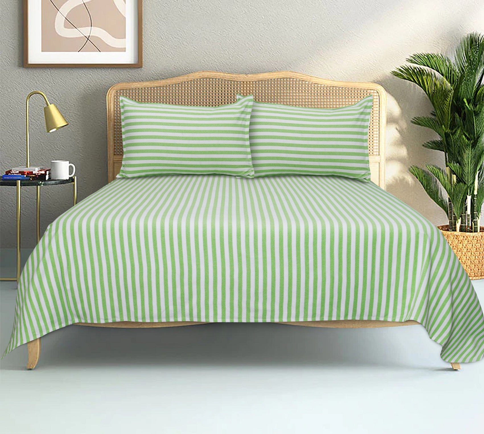 Cotton Striped Bedsheet with Pillow Covers (Green)