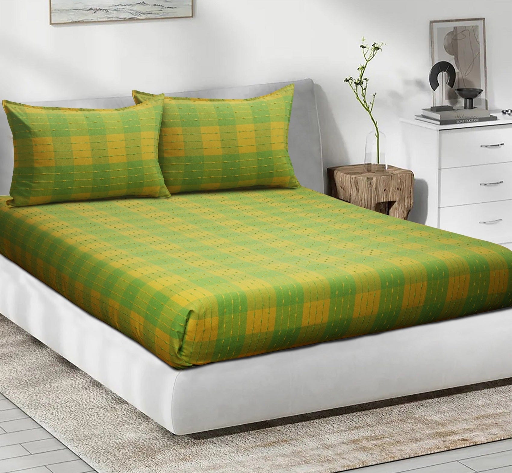 Cotton Designer Dobby Checkered Bedsheet with Pillow Covers (Green, Yellow)