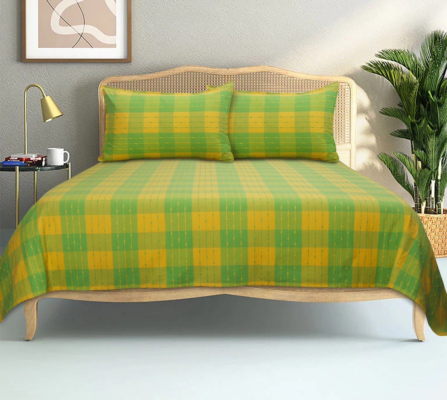 Cotton Designer Dobby Checkered Bedsheet with Pillow Covers (Green, Yellow)