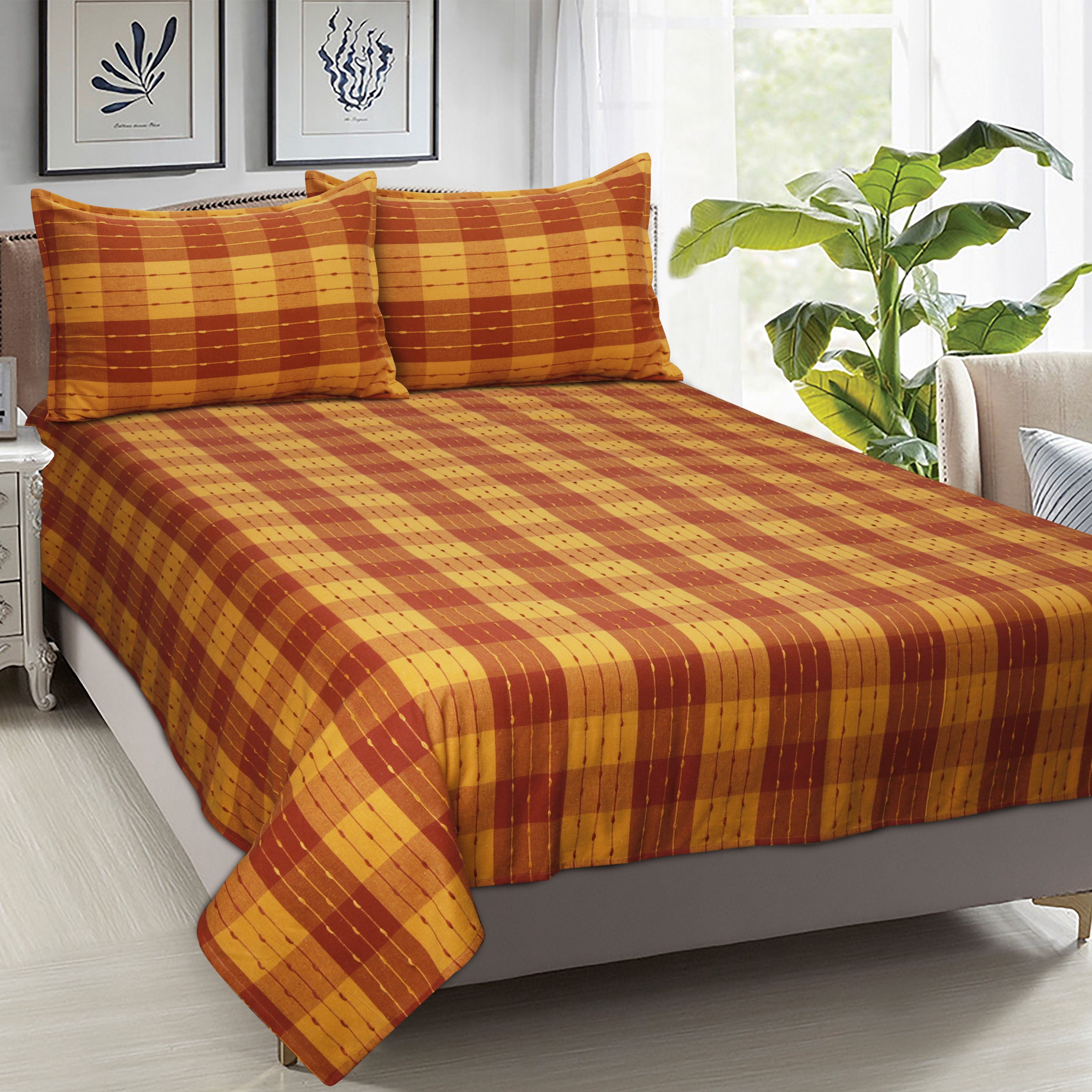 Cotton Designer Dobby Checkered Bedsheet with Pillow Covers (Maroon, Yellow)