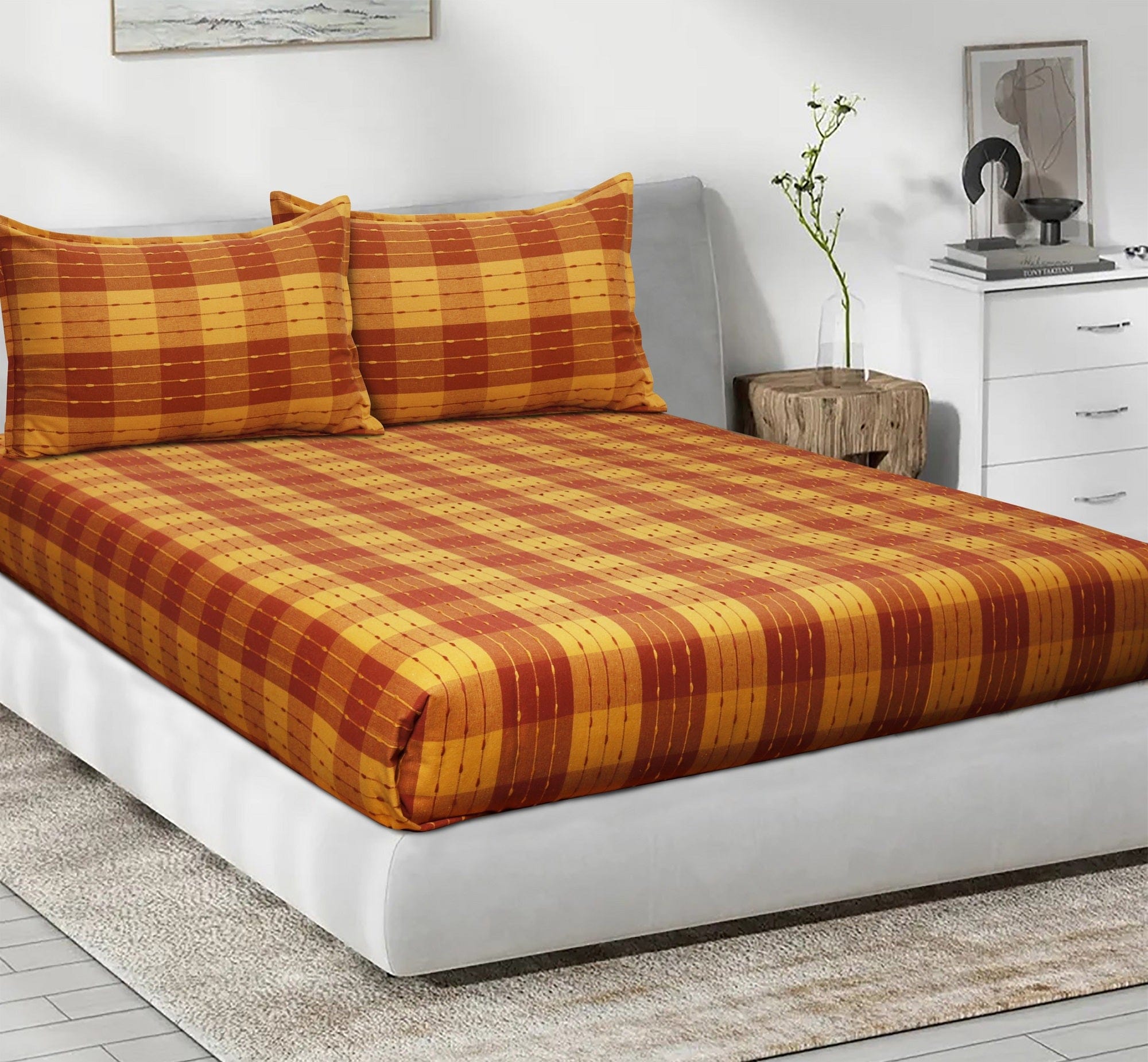 Cotton Designer Dobby Checkered Bedsheet with Pillow Covers (Maroon, Yellow)