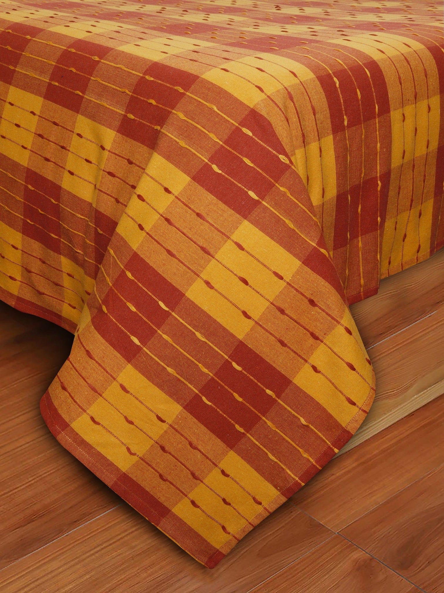 Cotton Designer Dobby Checkered Bedsheet with Pillow Covers (Maroon, Yellow)