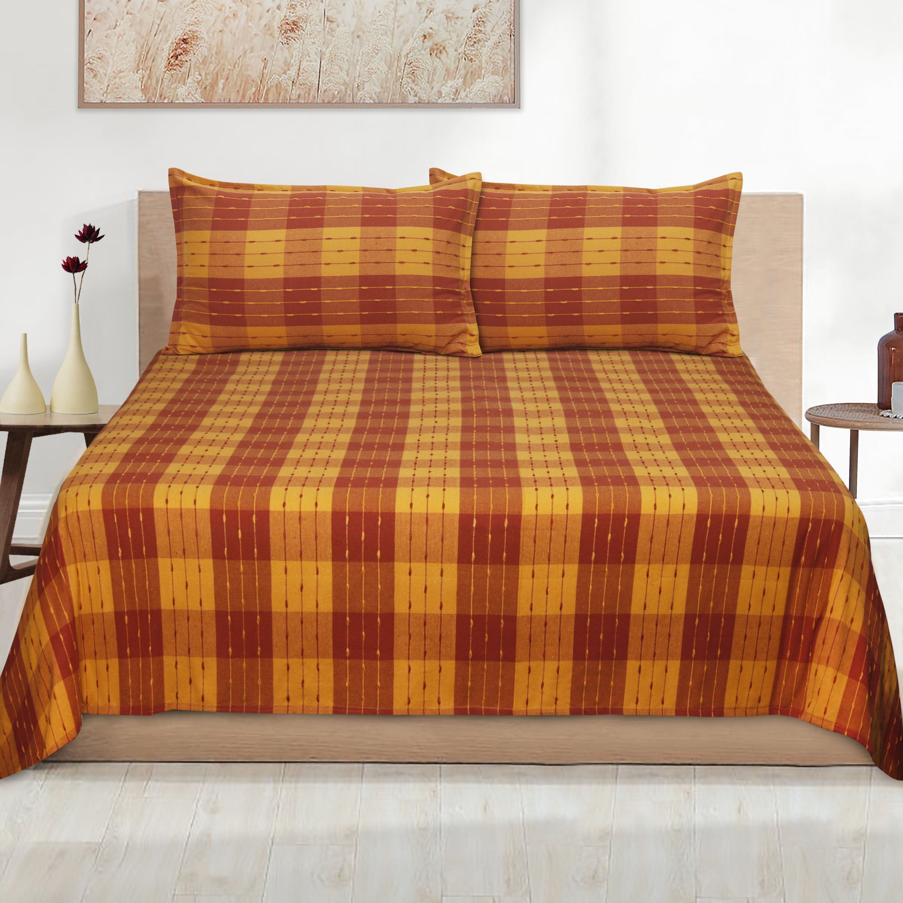 Cotton Designer Dobby Checkered Bedsheet with Pillow Covers (Maroon, Yellow)