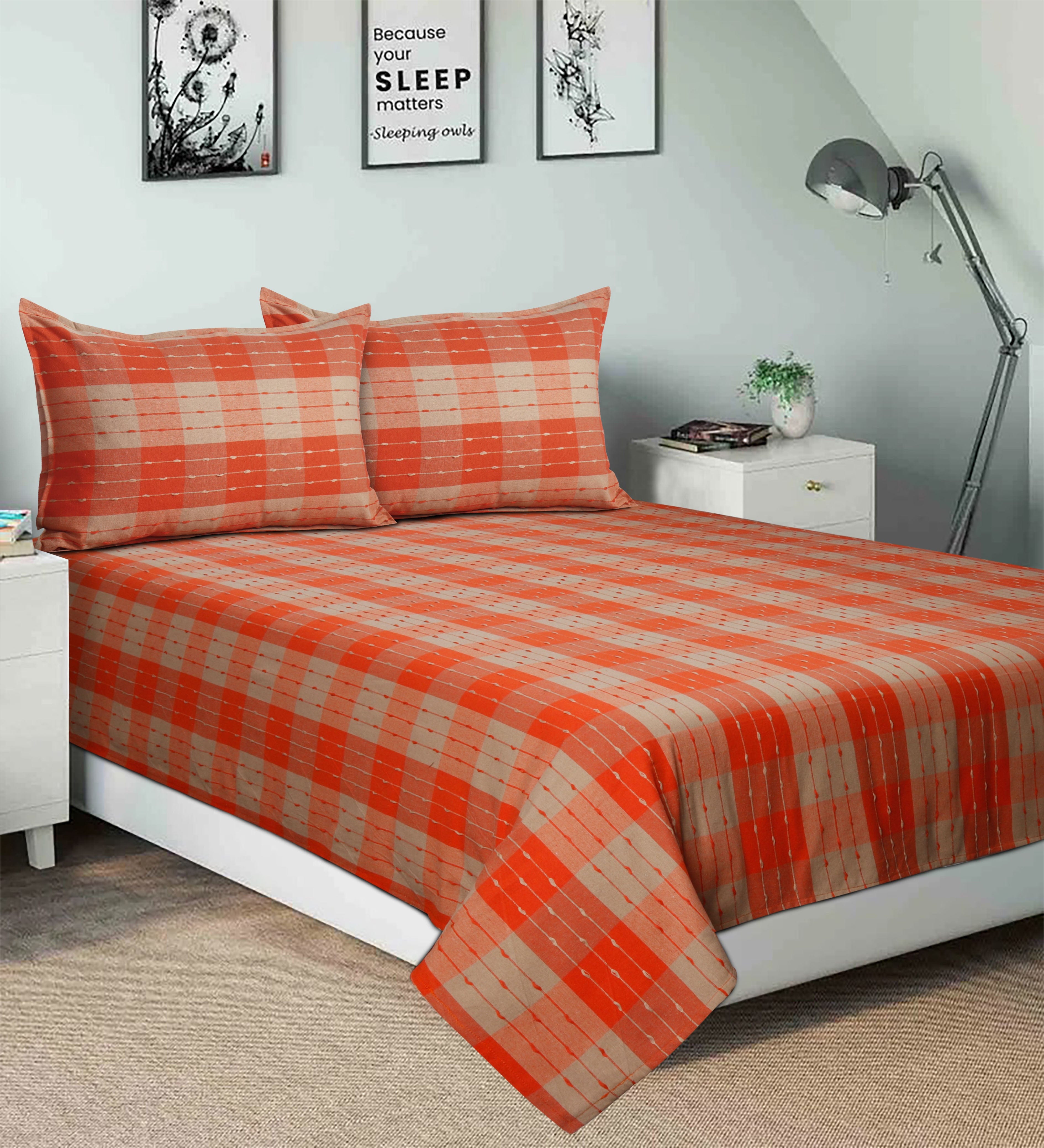 Cotton Designer Dobby Checkered Bedsheet with Pillow Covers (Orange, Beige)