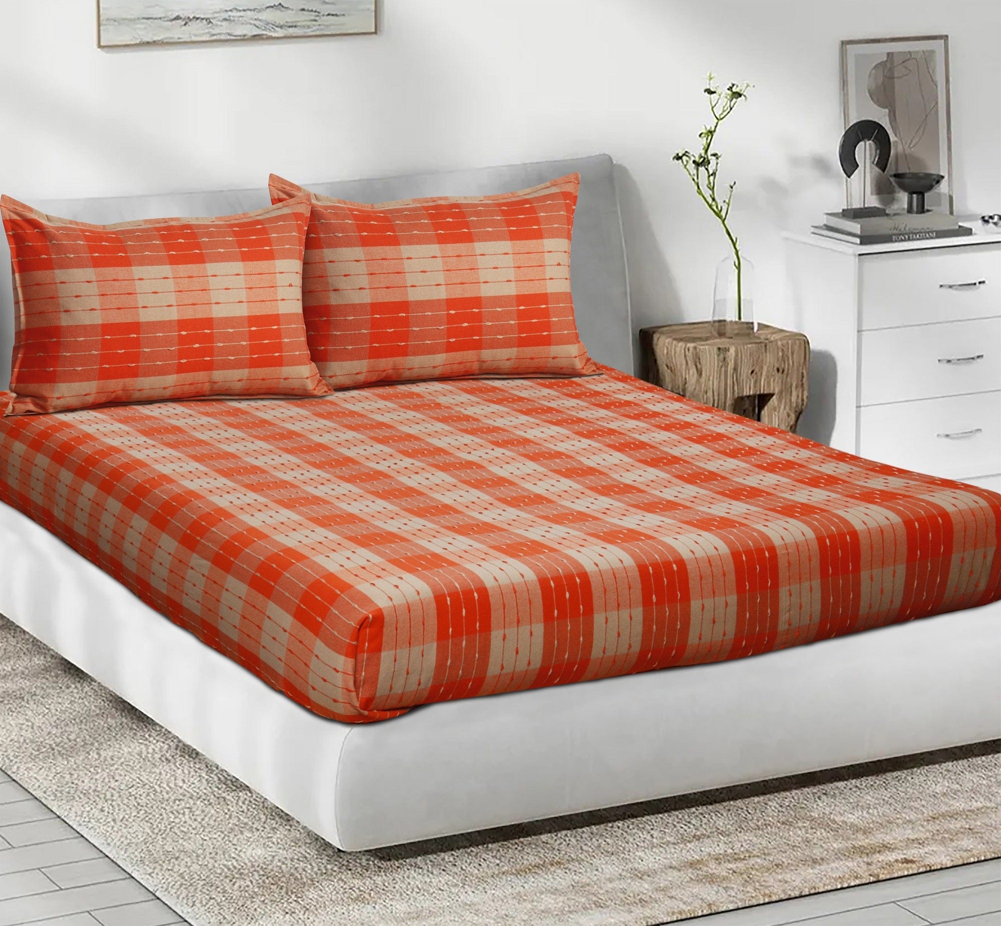 Cotton Designer Dobby Checkered Bedsheet with Pillow Covers (Orange, Beige)