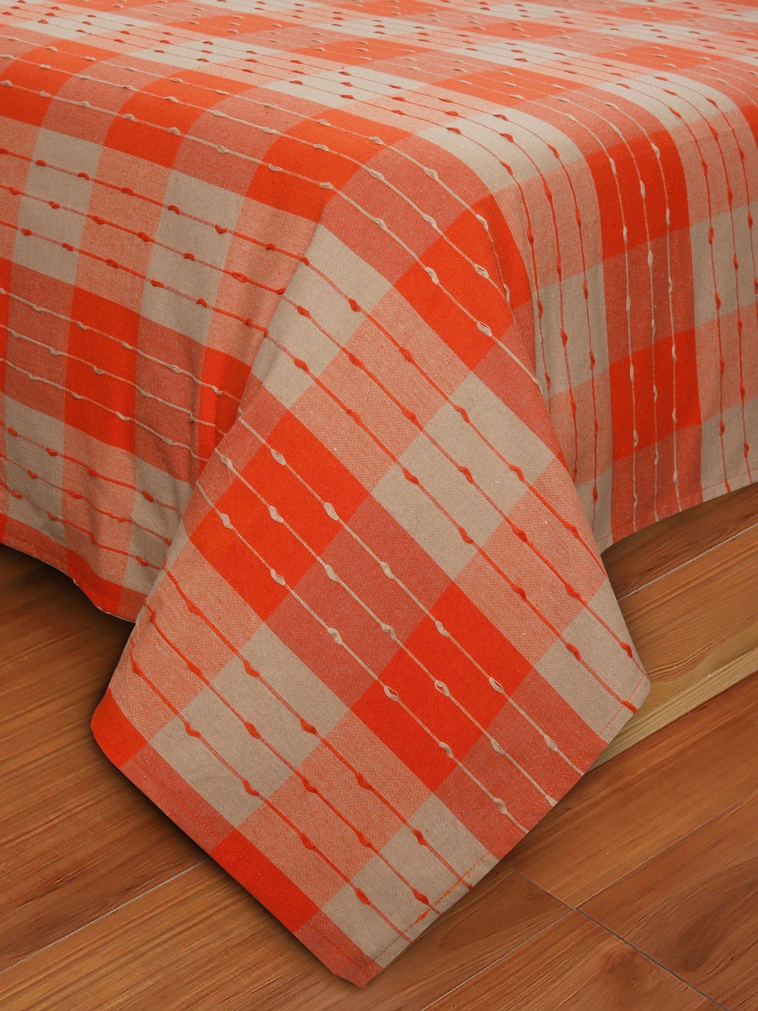 Cotton Designer Dobby Checkered Bedsheet with Pillow Covers (Orange, Beige)