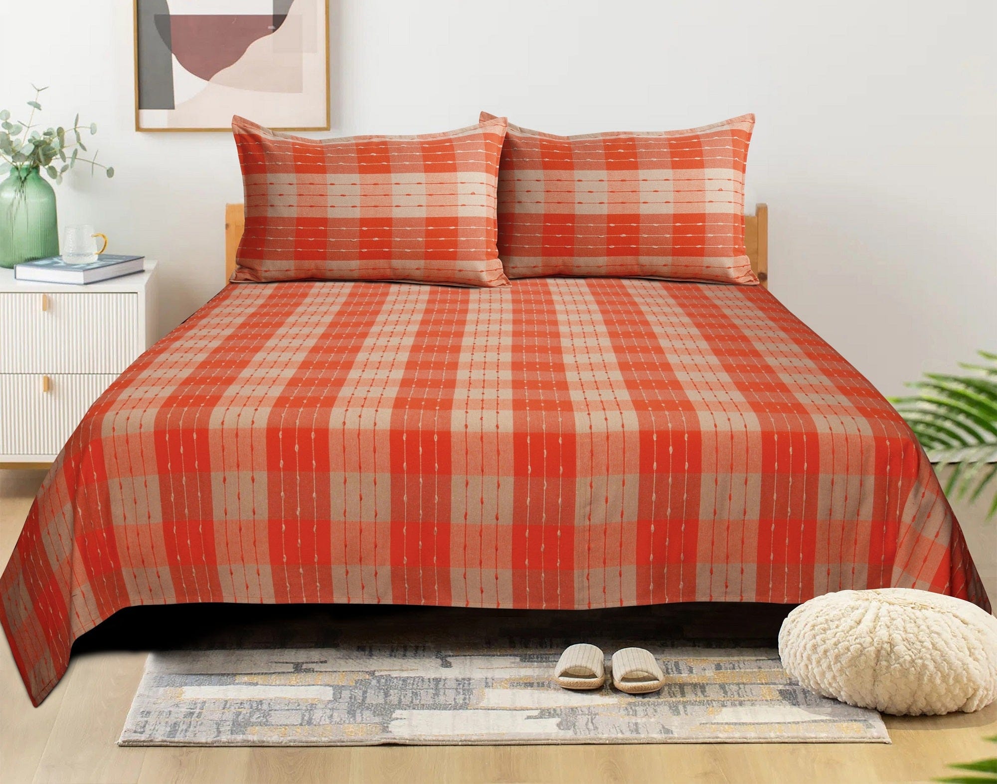 Cotton Designer Dobby Checkered Bedsheet with Pillow Covers (Orange, Beige)