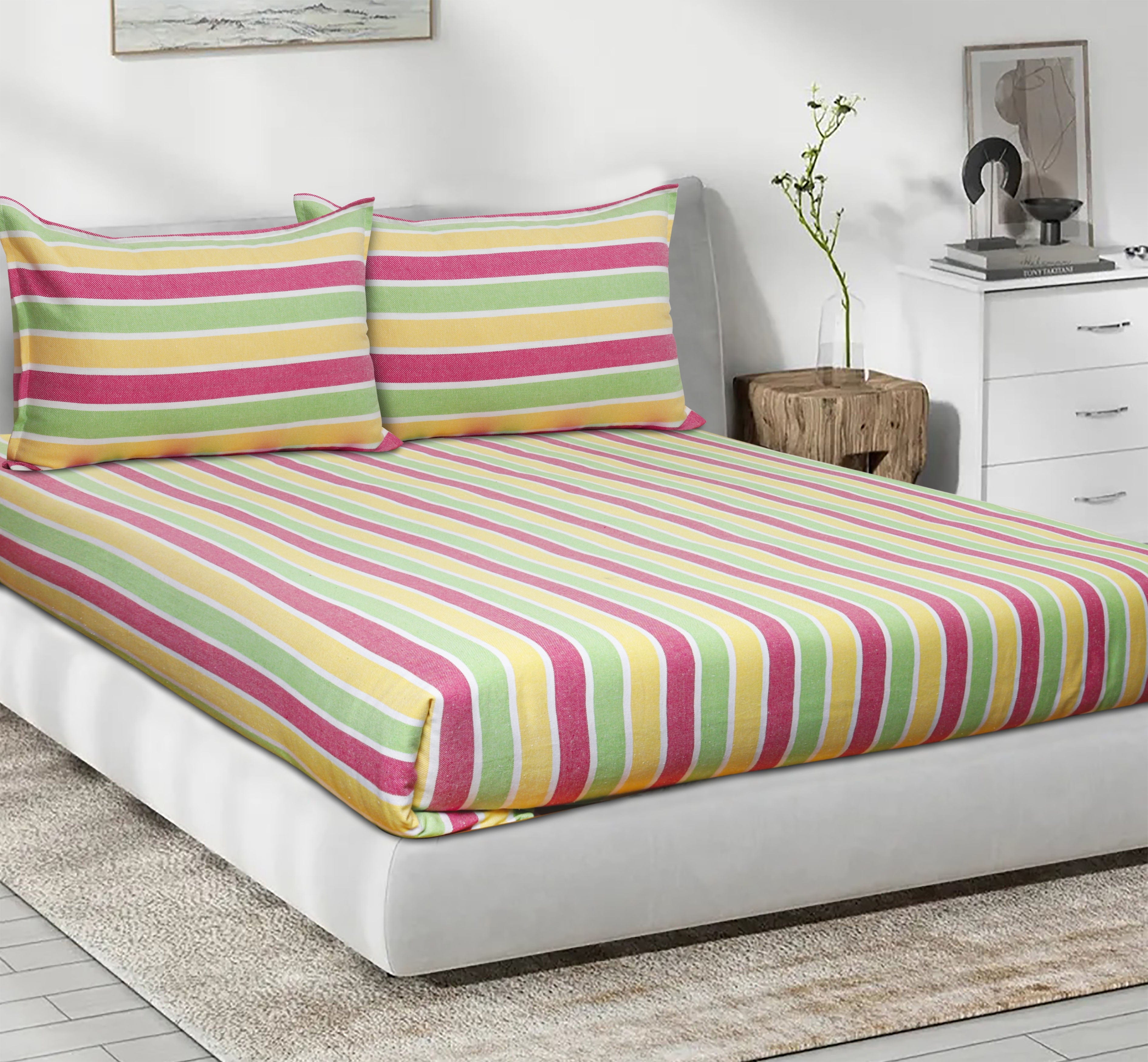 Cotton Designer Striped Bedsheet with Pillow Covers (Pink, Yellow, Green)