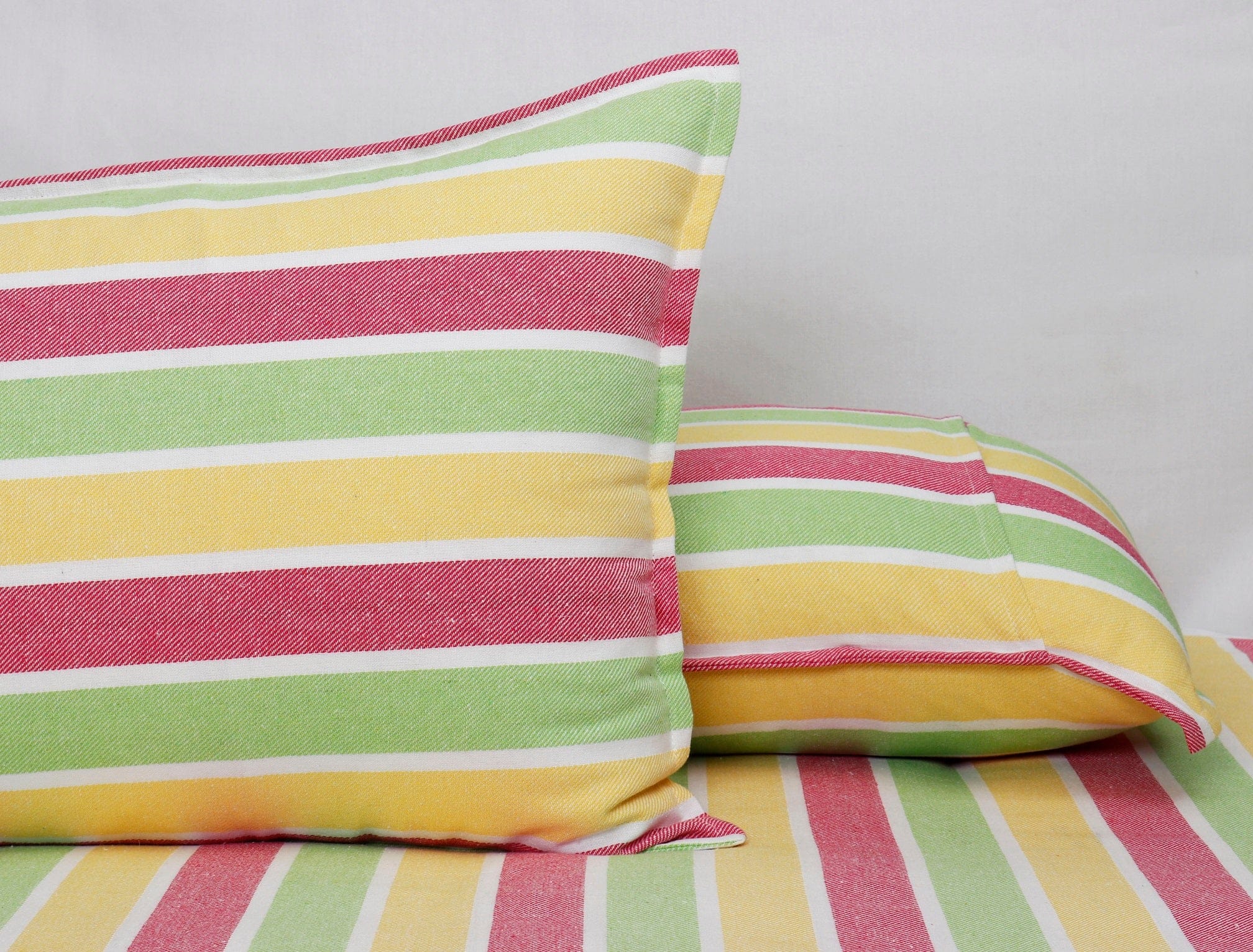 Cotton Designer Striped Bedsheet with Pillow Covers (Pink, Yellow, Green)