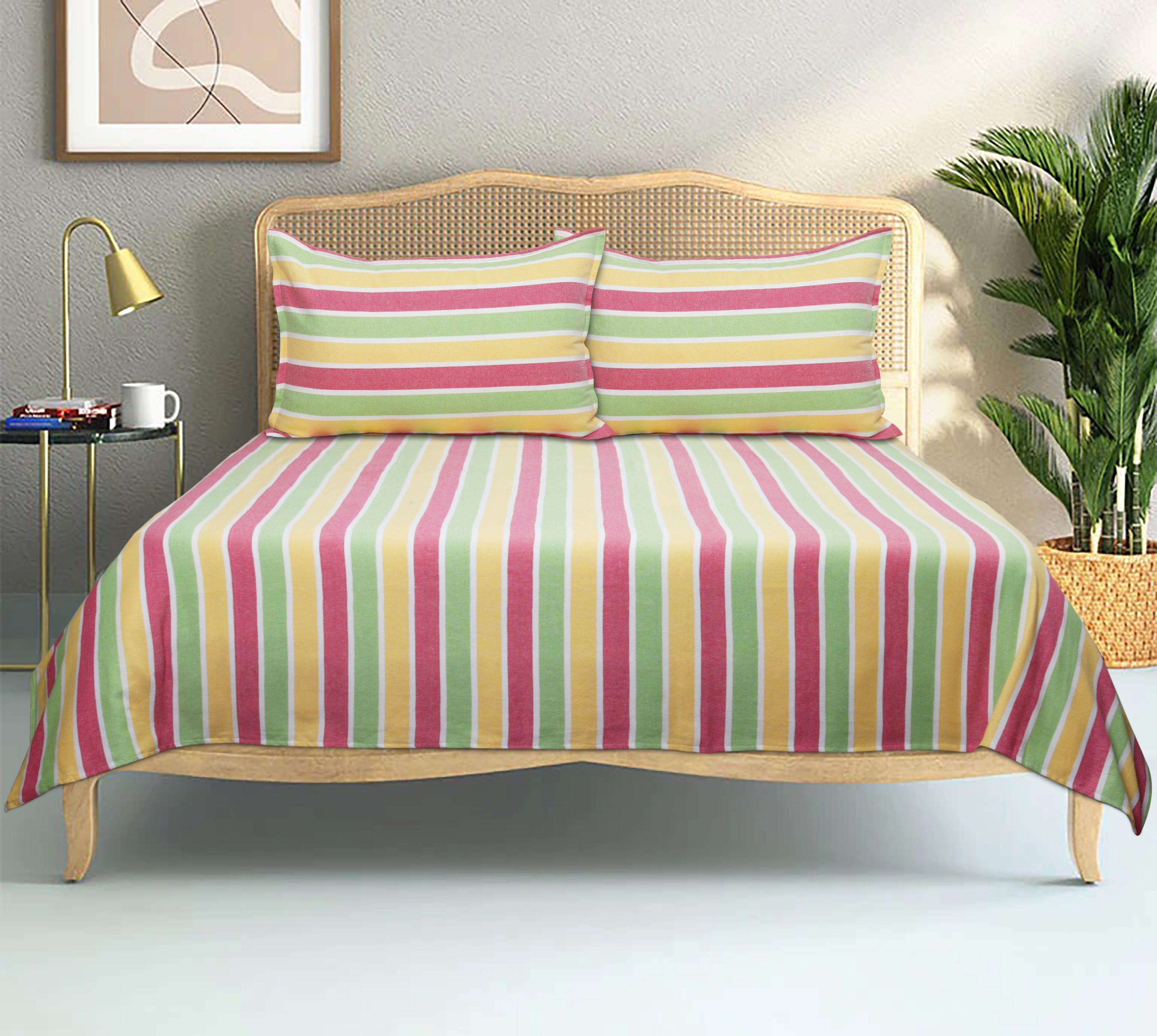 Cotton Designer Striped Bedsheet with Pillow Covers (Pink, Yellow, Green)