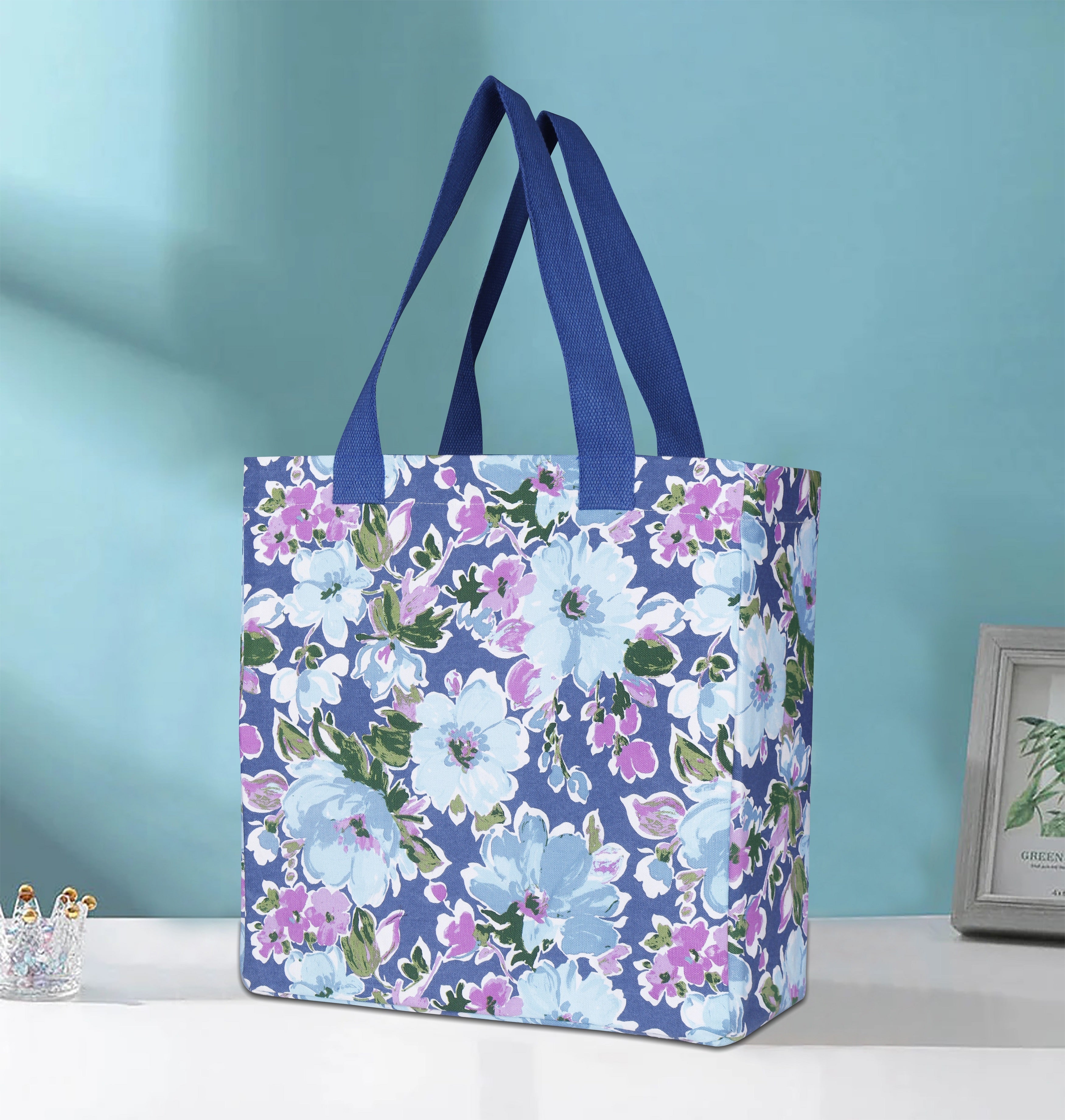Cotton Canvas Purple Bloom Digital Printed Shopping Tote Bags
