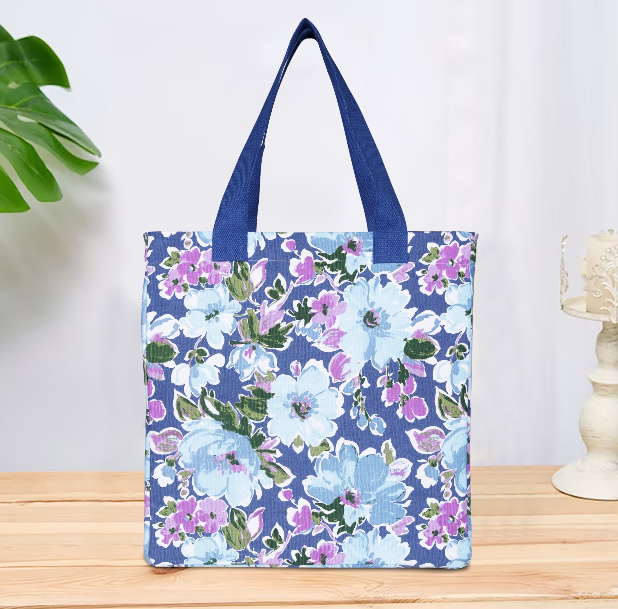 Cotton Canvas Purple Bloom Digital Printed Shopping Tote Bags