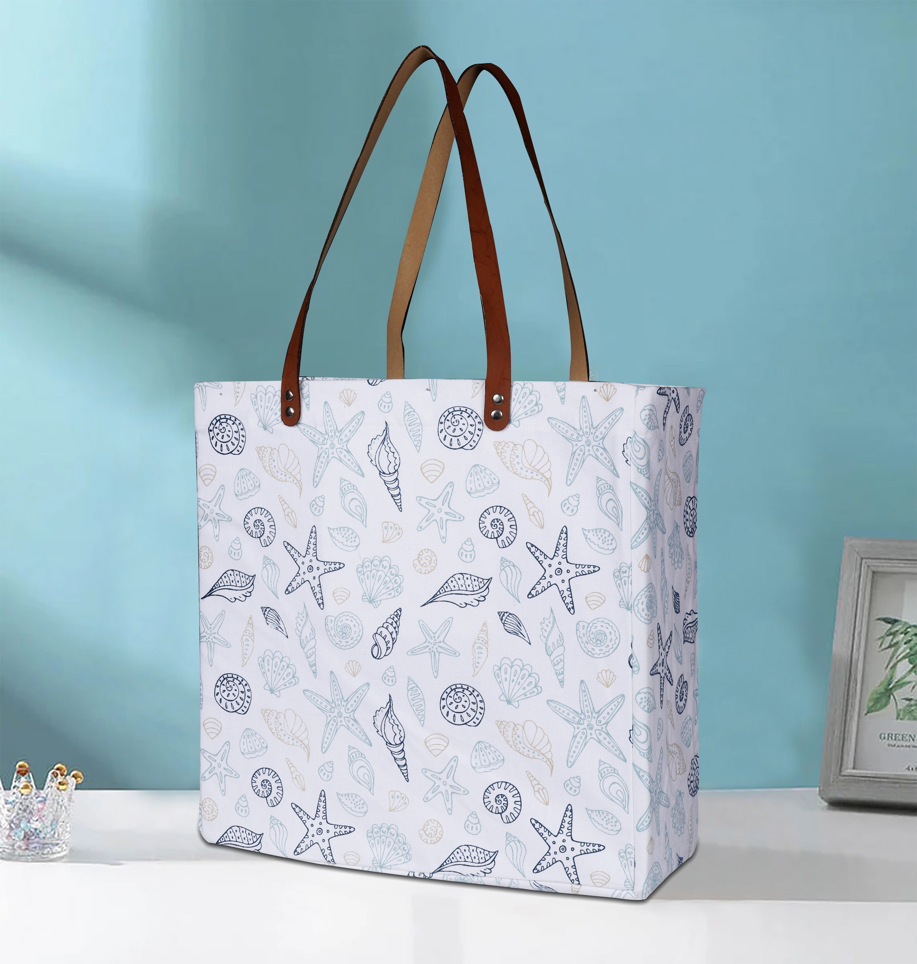 Cotton Canvas Ocean Shells Digital Printed Shopping Tote Bags