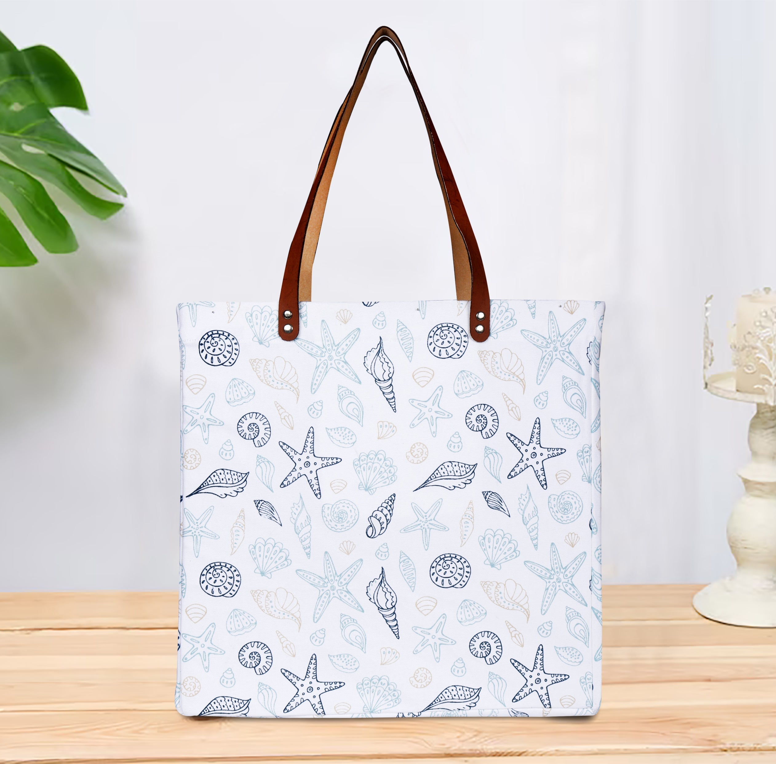 Cotton Canvas Ocean Shells Digital Printed Shopping Tote Bags