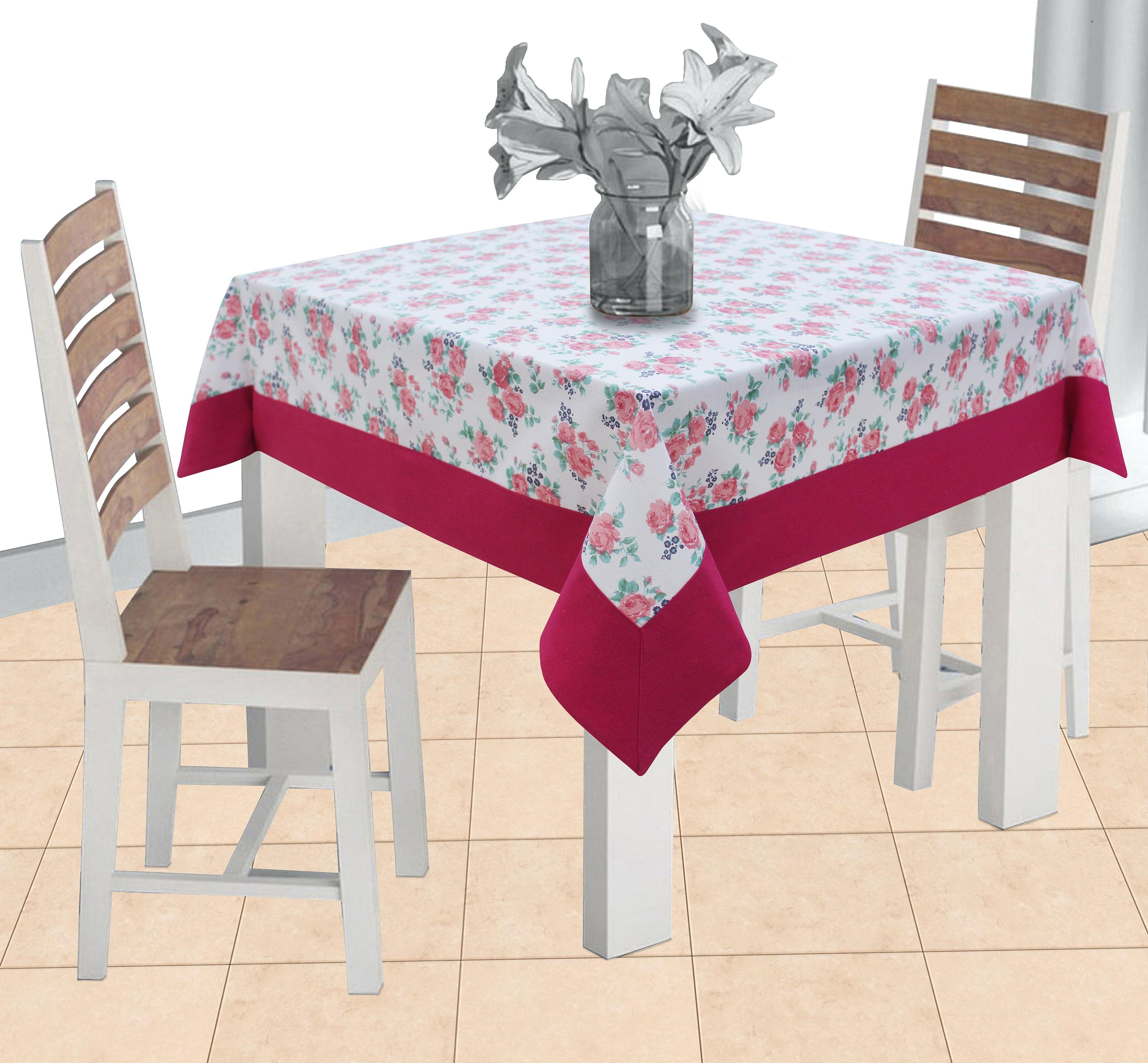 Cotton Small Pink Rose Flower with Attached Border 2 Seaters Table Cloths