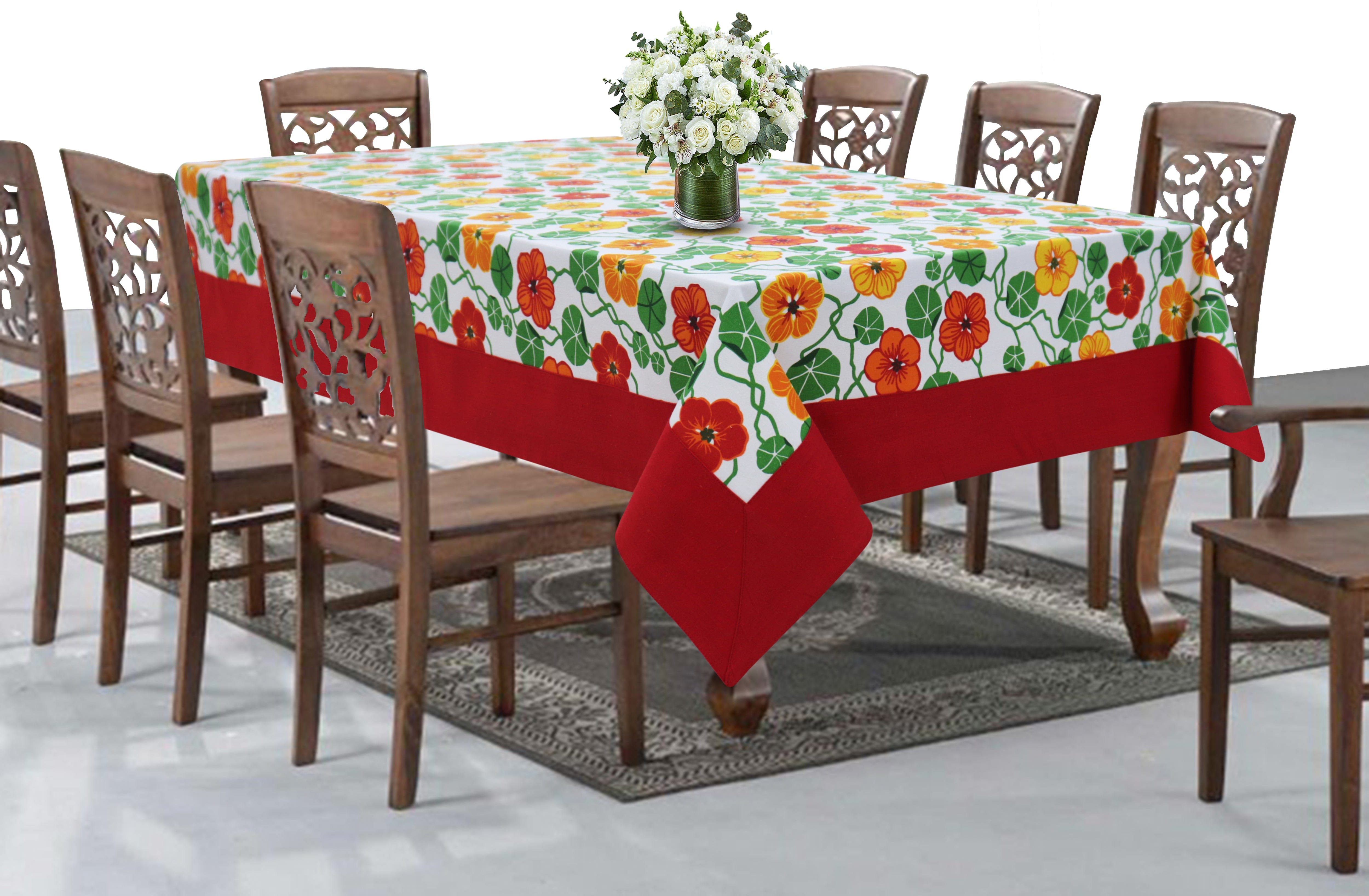 Cotton Green & Orange Flower with Border 8 Seater Table Cloths