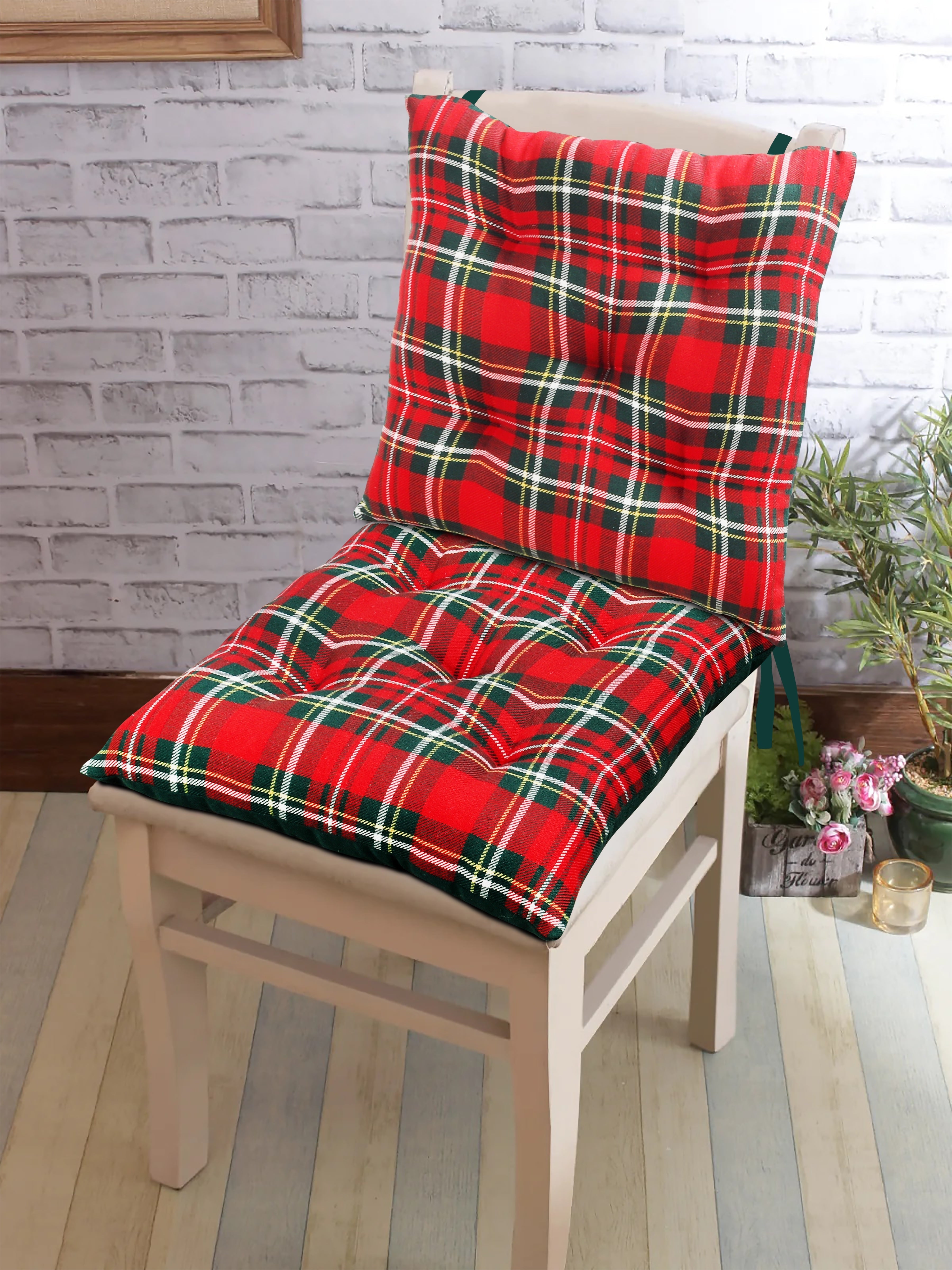 Cotton Red Christmas Pattern Checked Chair Pads, Pack Of 2