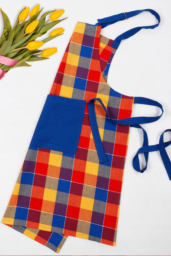Cotton Adukalam Check With Blue Solid Pocket Free Size Apron