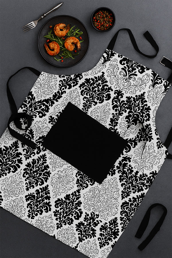 Cotton Black and White Damask with Solid Pocket Free Size Apron