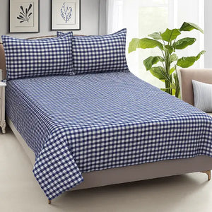 Cotton Checkered Bedsheet with Pillow Covers (Blue)