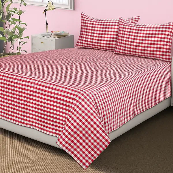 Cotton Checkered Bedsheet with Pillow Covers (Red)