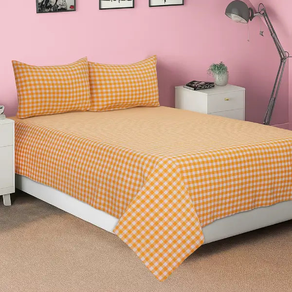 Cotton Checkered Bedsheet with Pillow Covers (Yellow)