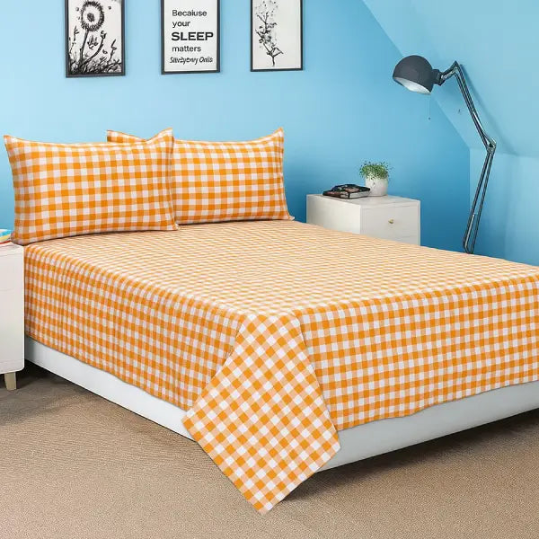 Cotton Checkered Bedsheet with Pillow Covers (Yellow, Beige)