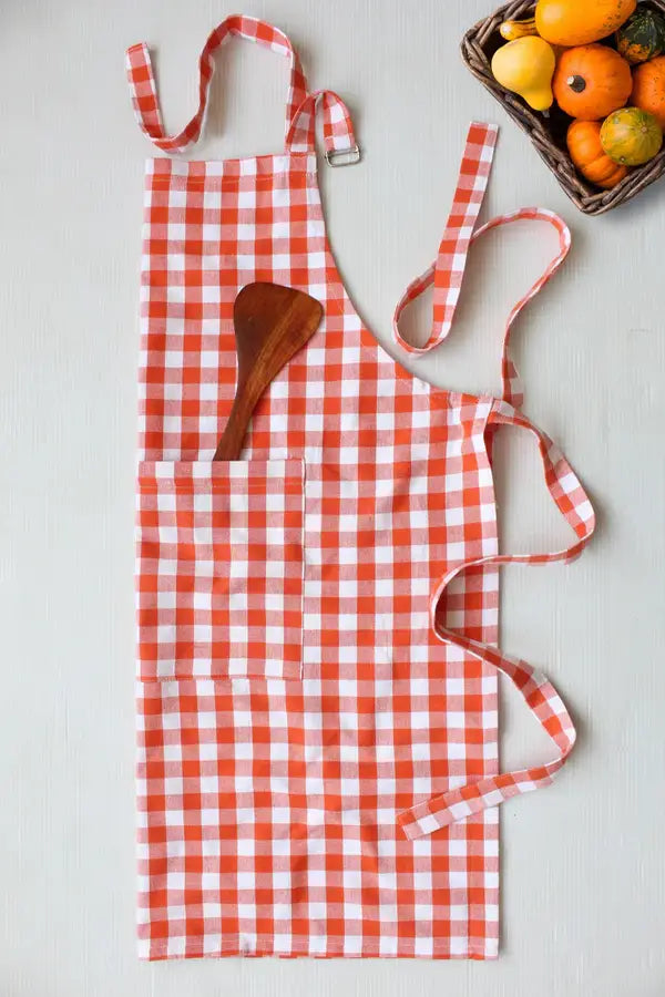 Cotton Gingham Check Orange Free Size Apron
