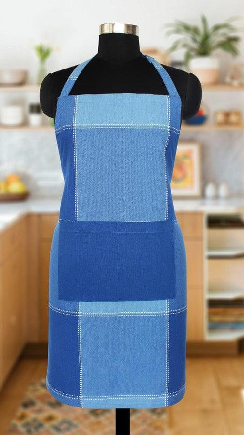 Cotton 4 Way Dobby Blue With Solid Pocket Free Size Apron
