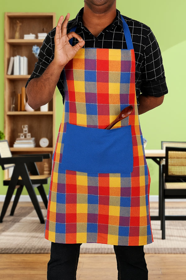 Cotton Adukalam Check With Blue Solid Pocket Free Size Apron