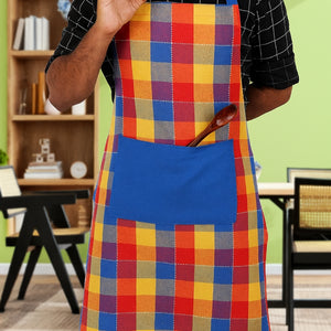 Cotton Adukalam Check With Blue Solid Pocket Free Size Apron