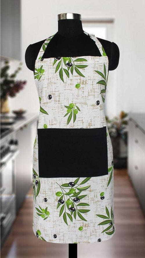 Cotton Anjoe Olive Leaf With Solid Pocket Free Size Apron