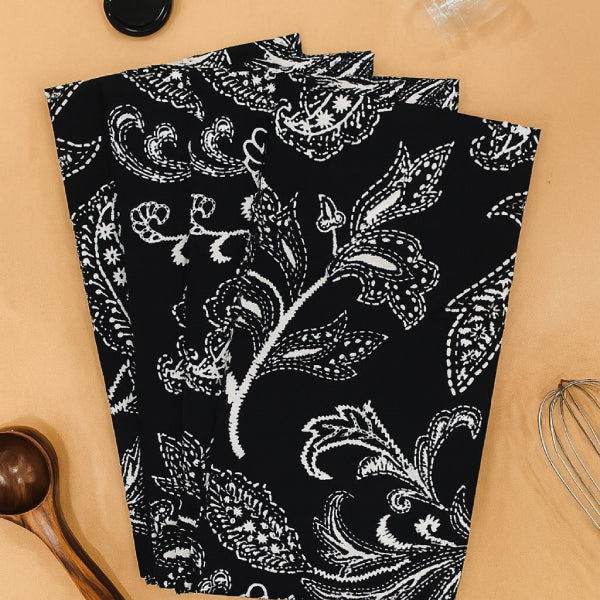 Cotton Black Flower Kitchen Towels Pack Of 4