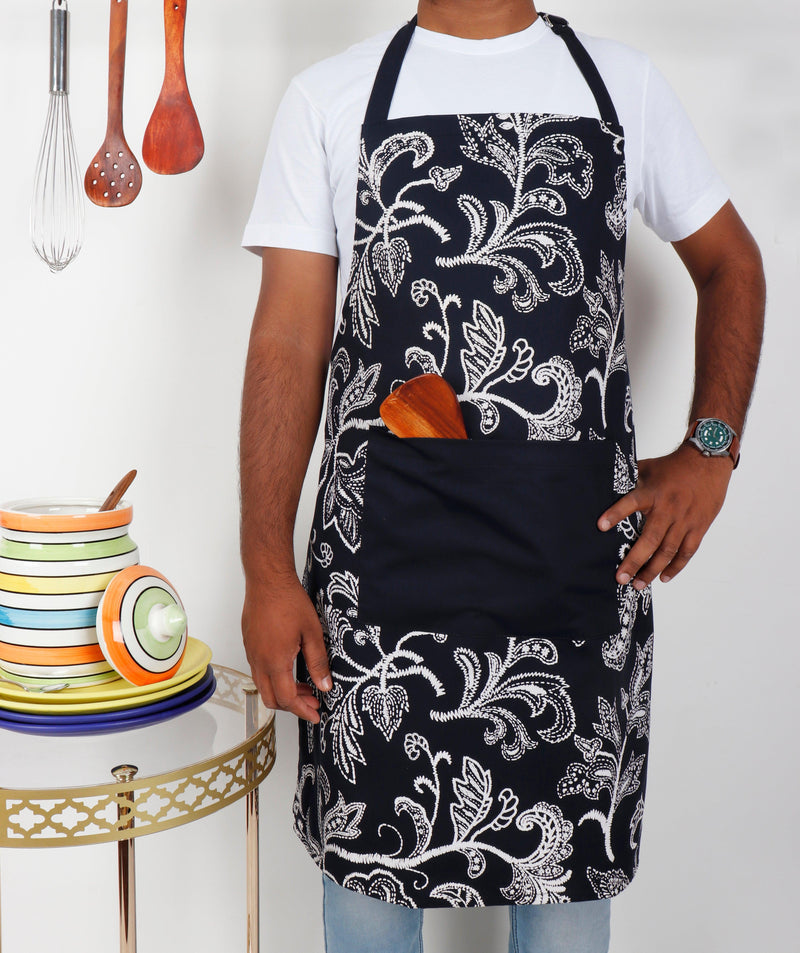 Cotton Black Flower With Solid Pocket Free Size Apron