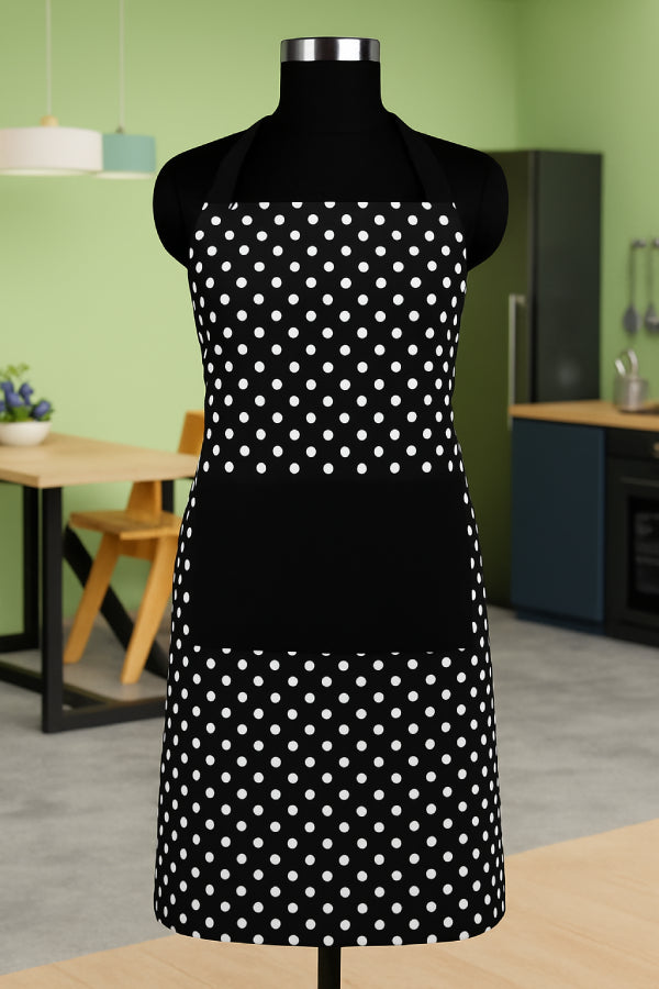 Cotton Black Polka Dot with Solid Pocket Free Size Apron