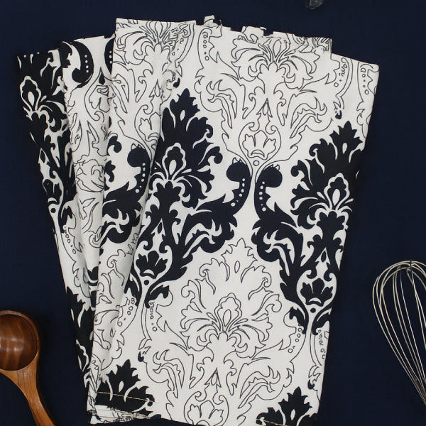 Cotton Black and White Damask Kitchen Towels Pack Of 4