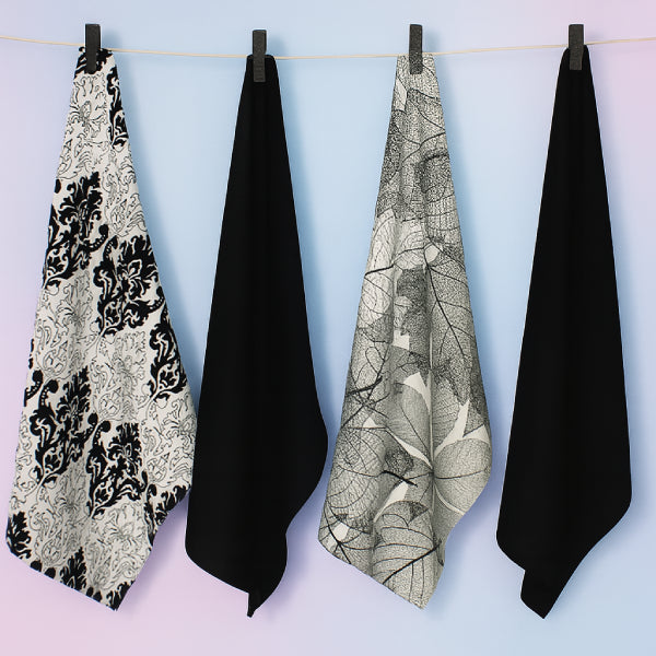 Cotton Black and White Printed Leaf Kitchen Towels Pack Of 4
