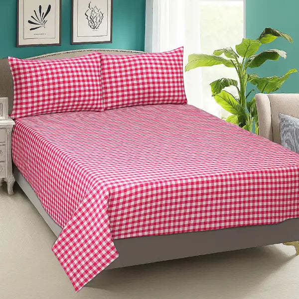 Cotton Checkered Bedsheet with Pillow Covers (Pink)