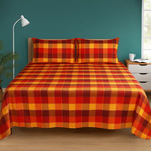 Cotton Checkered Bedsheet with Pillow Covers (Red, Yellow)