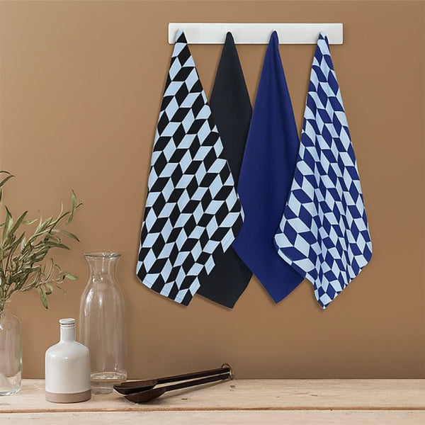 Cotton Classic Diamond Royal Blue and Black Kitchen Towels Pack Of 4