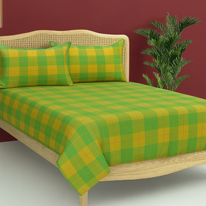 Cotton Designer Dobby Checkered Bedsheet with Pillow Covers (Green, Yellow)
