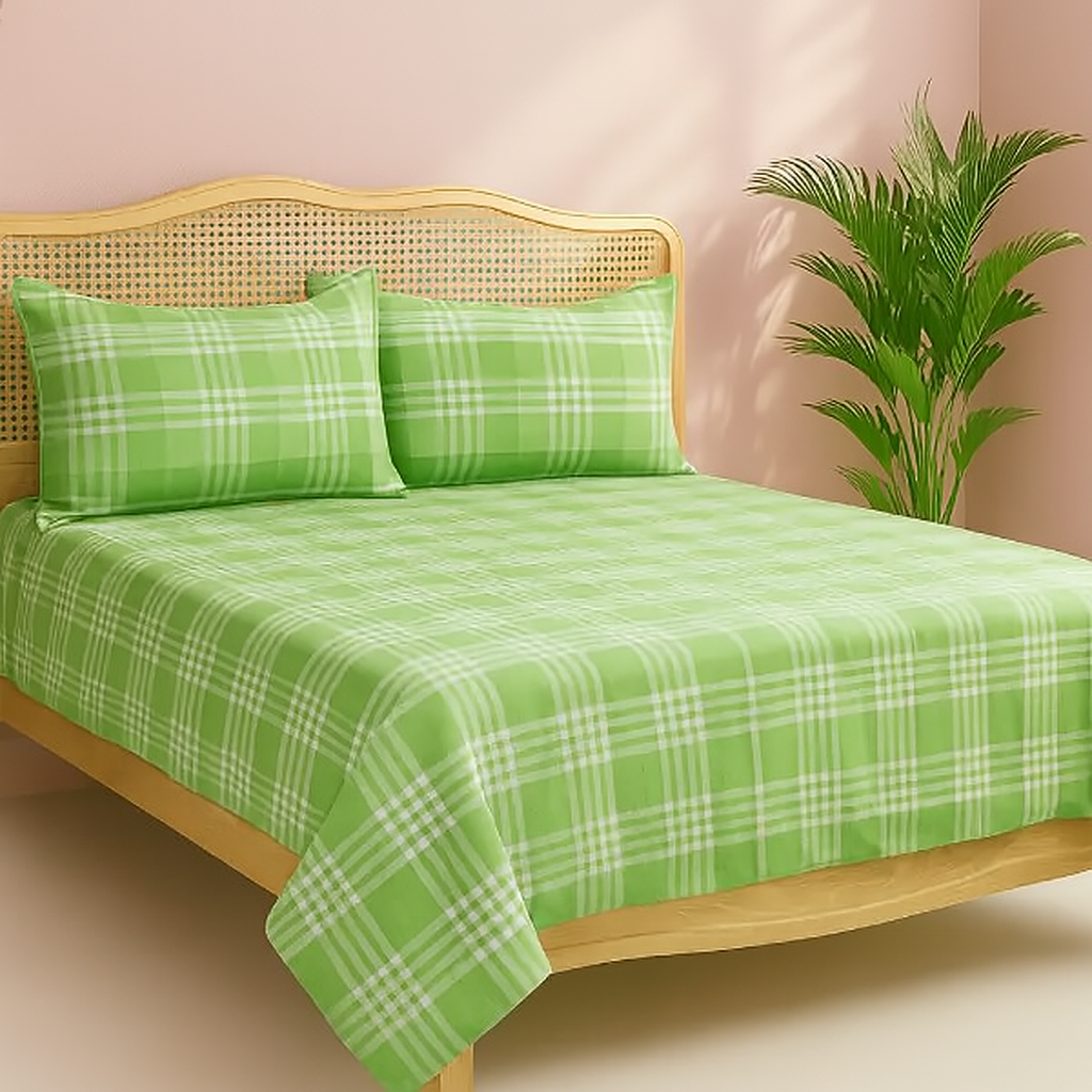 Cotton Double Track Dobby Checkered Bedsheet with 2 Pillow Covers (Pack of 3, Green)