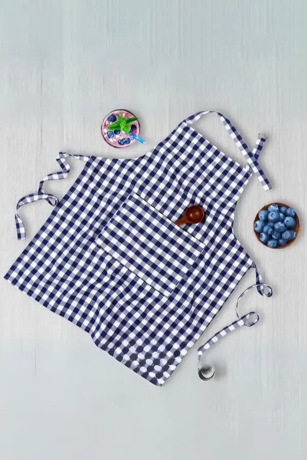 Cotton Gingham Check Blue Free Size Apron
