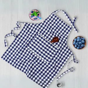 Cotton Gingham Check Blue Free Size Apron