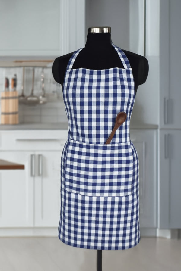 Cotton Gingham Check Blue Free Size Apron