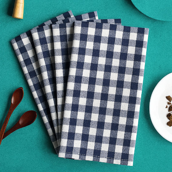 Cotton Gingham Check Blue Kitchen Towels Pack Of 4