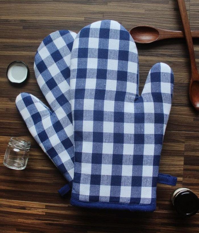 Cotton Gingham Check Blue Oven Gloves Pack Of 2